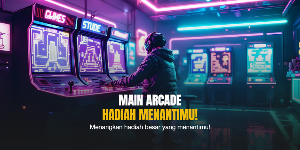 Seorang pemain bermain di mesin slot arcade neon futuristik dengan tampilan retro yang menyala terang, menggambarkan suasana game Mega Moolah.