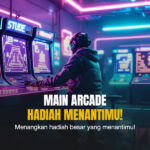 Seorang pemain bermain di mesin slot arcade neon futuristik dengan tampilan retro yang menyala terang, menggambarkan suasana game Mega Moolah.